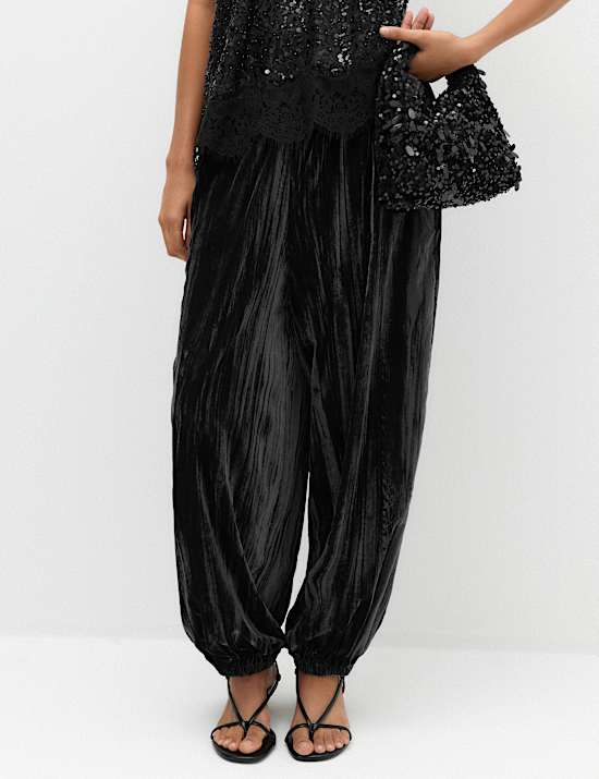 Velvet Pleat Front Barrel Leg Trousers