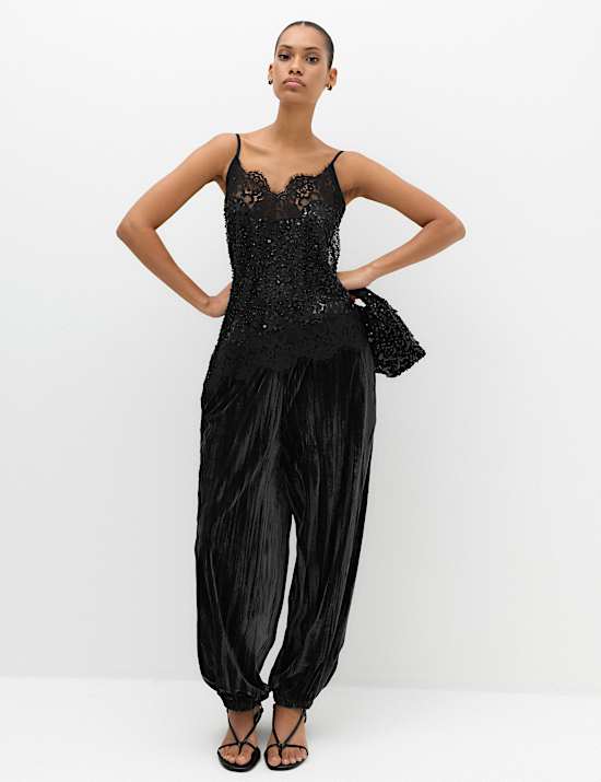 Velvet Pleat Front Barrel Leg Trousers