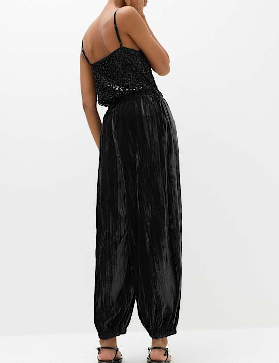 Velvet Pleat Front Barrel Leg Trousers