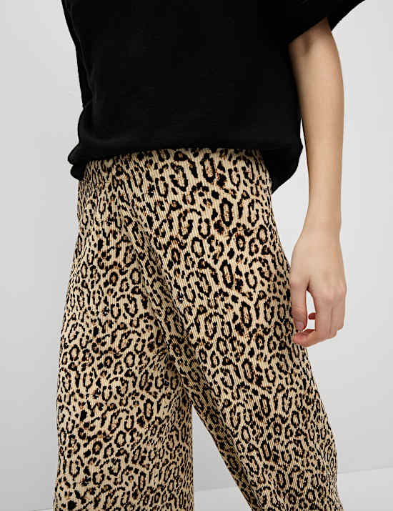 Animal Print Plisse Wide Leg Trousers