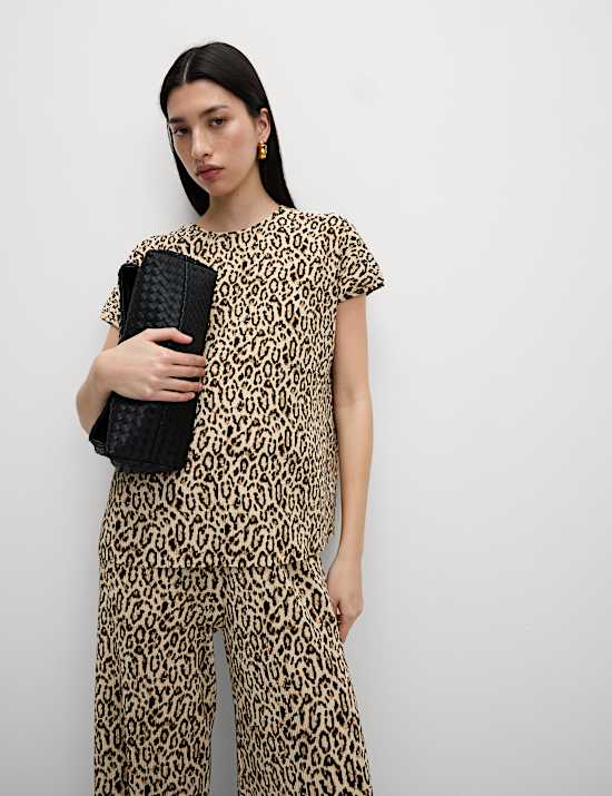 Animal Print Plisse Wide Leg Trousers
