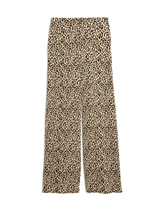 Animal Print Plisse Wide Leg Trousers