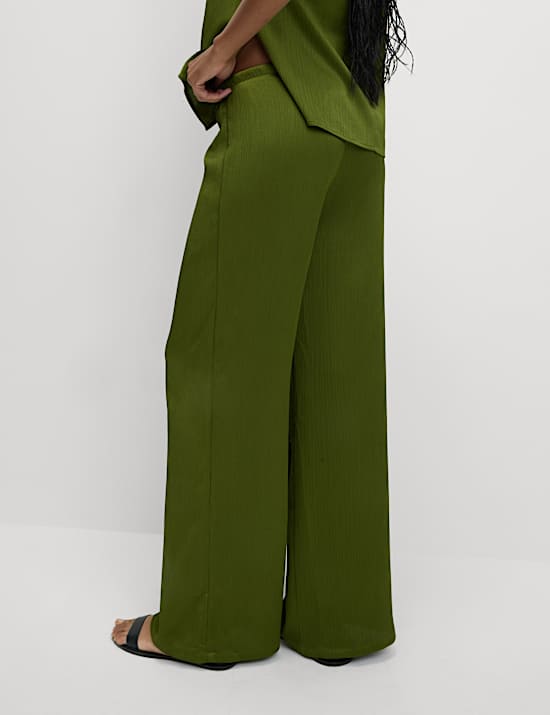 Plisse Drawstring Wide Leg Trousers