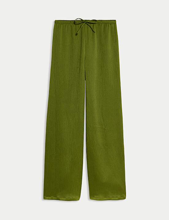 Plisse Drawstring Wide Leg Trousers