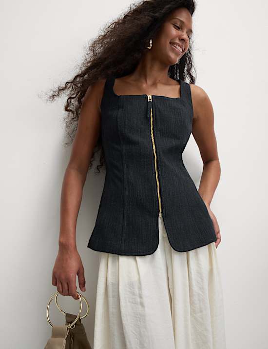 Denim Tailored Zip Through Waistcoat
