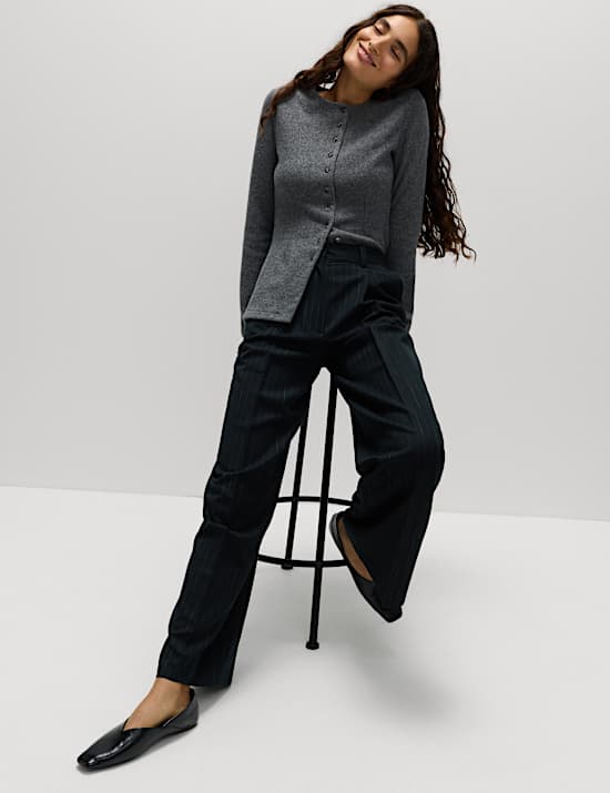 Pinstripe Single Pleat Wide Leg Trousers
