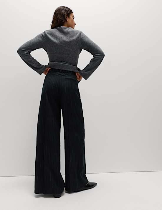 Pinstripe Single Pleat Wide Leg Trousers