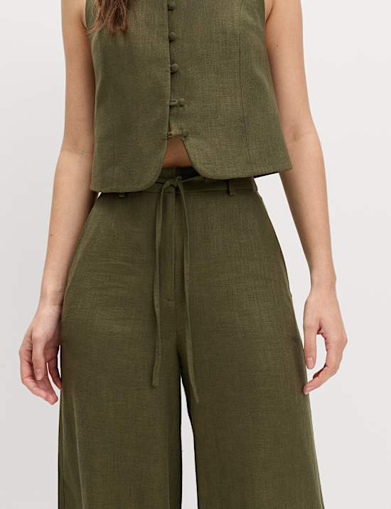 Linen Rich Twill Drawstring Wide Leg Trousers