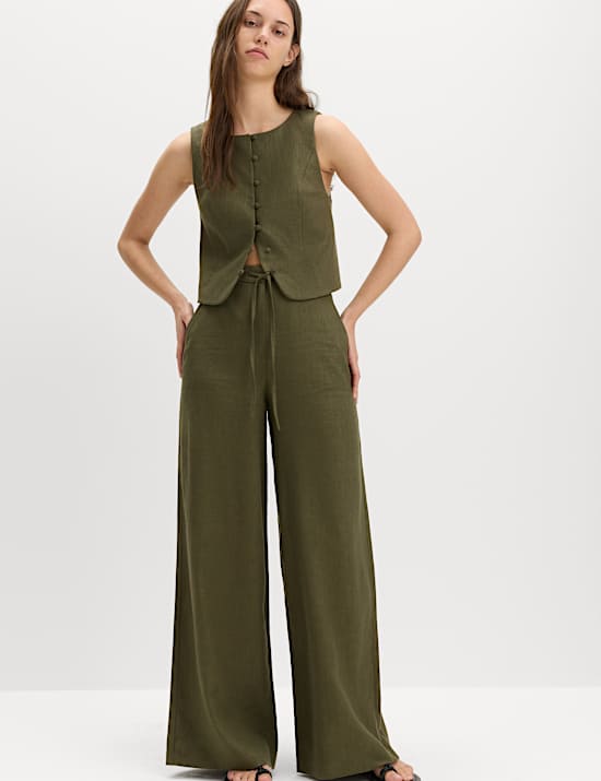 Linen Rich Twill Drawstring Wide Leg Trousers