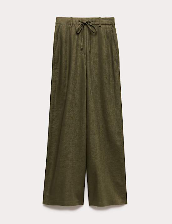 Linen Rich Twill Drawstring Wide Leg Trousers
