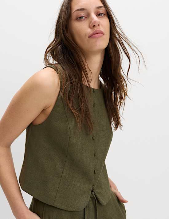 Linen Rich Twill Button Through Waistcoat
