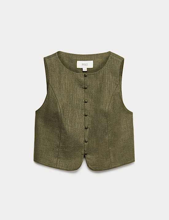 Linen Rich Twill Button Through Waistcoat