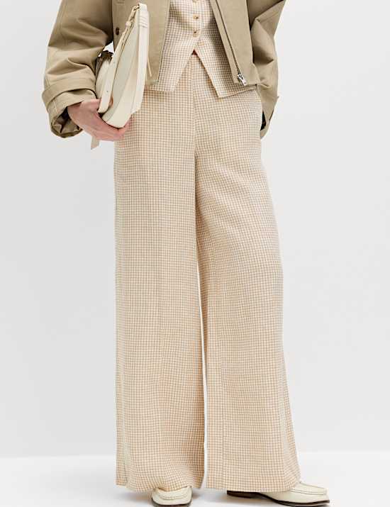 Pure Linen Gingham Wide Leg Trousers