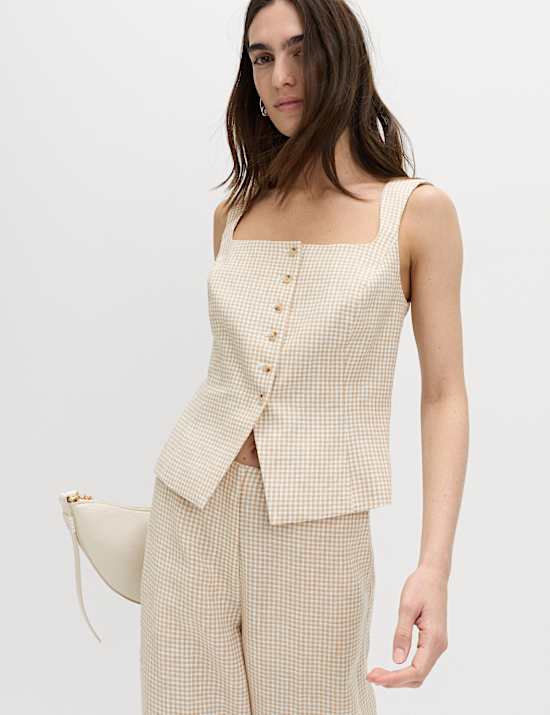 Pure Linen Gingham Waistcoat