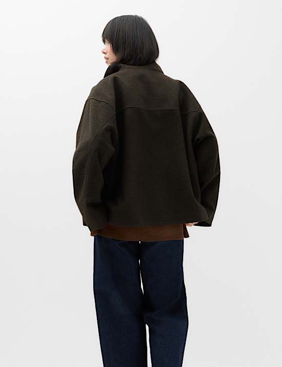 Checked Funnel Neck Short Coat with Wool
