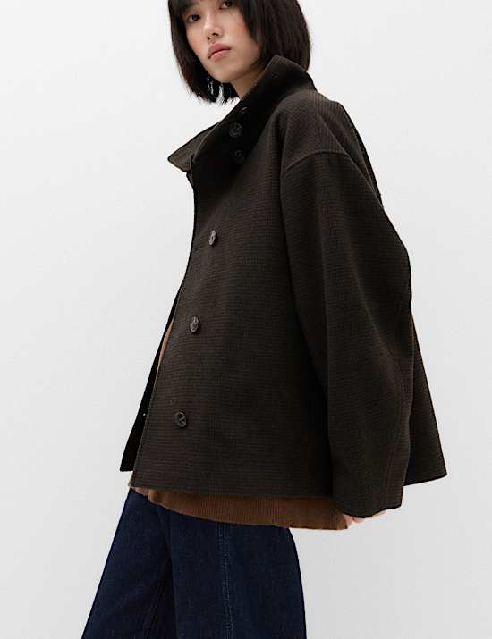 Checked Funnel Neck Short Coat with Wool