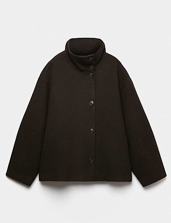 Checked Funnel Neck Short Coat with Wool