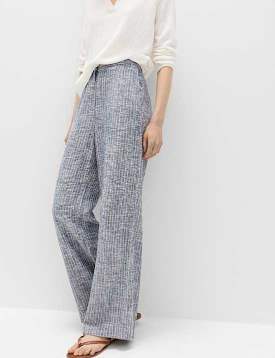 Linen Blend Pinstripe Wide Leg Trousers