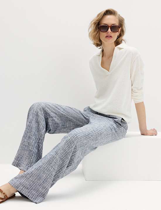 Linen Blend Pinstripe Wide Leg Trousers