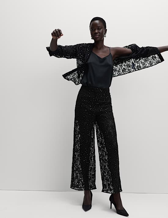 Lace Diamante Wide Leg Trousers with Stretch