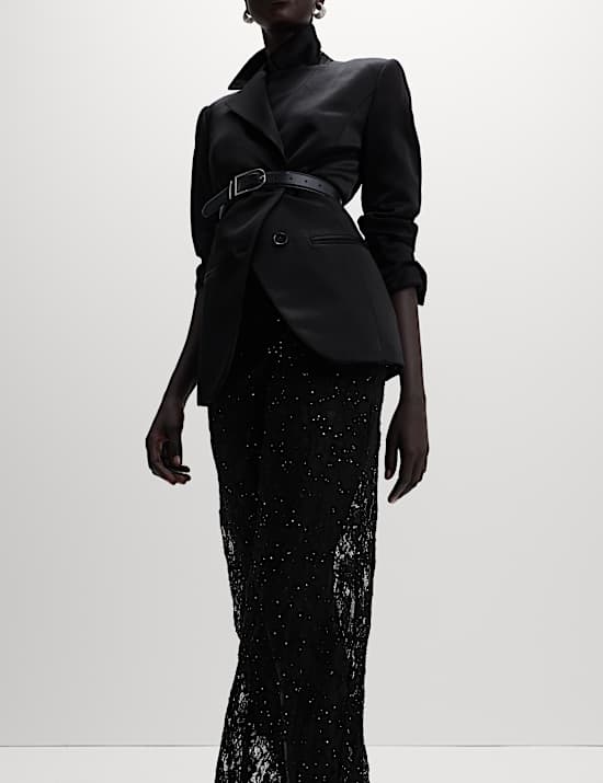 Lace Diamante Wide Leg Trousers with Stretch