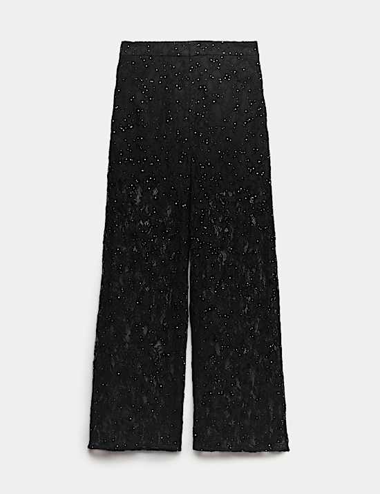 Lace Diamante Wide Leg Trousers with Stretch