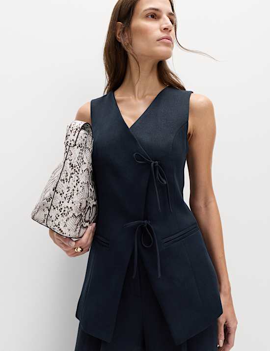 V-Neck Tie Front Waistcoat with Linen