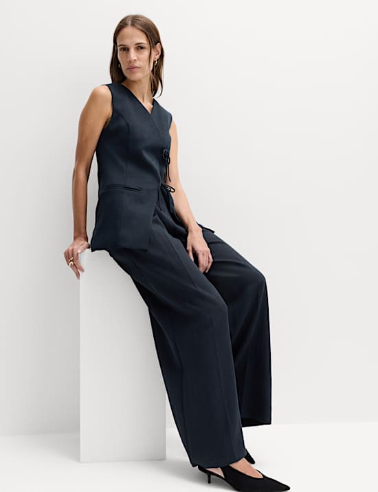 V-Neck Tie Front Waistcoat with Linen