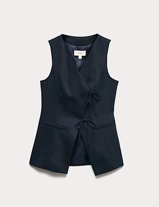 V-Neck Tie Front Waistcoat with Linen