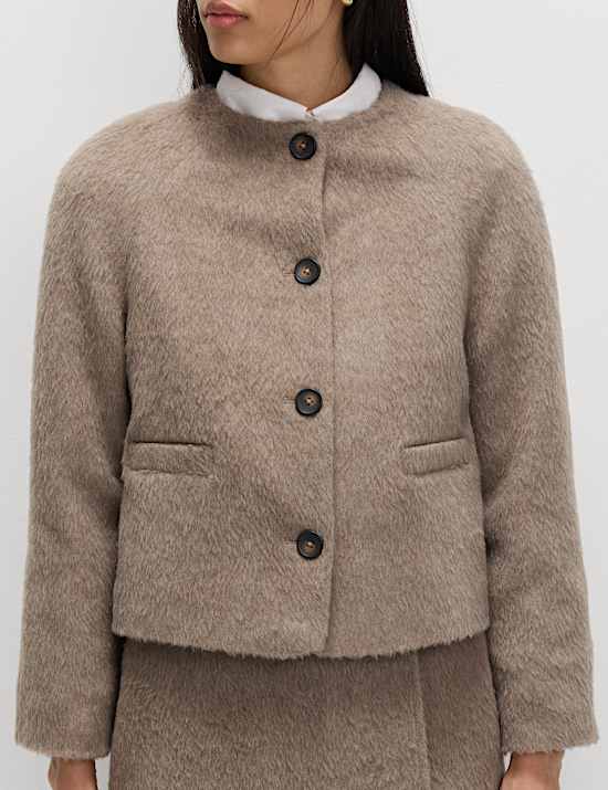 Brushed Collarless Jacket with Wool