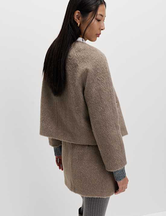 Brushed Collarless Jacket with Wool