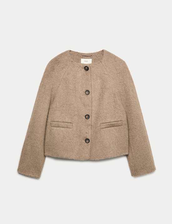 Brushed Collarless Jacket with Wool