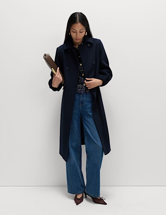 Wool Blend Volume Sleeve Double Breasted Midi Coat