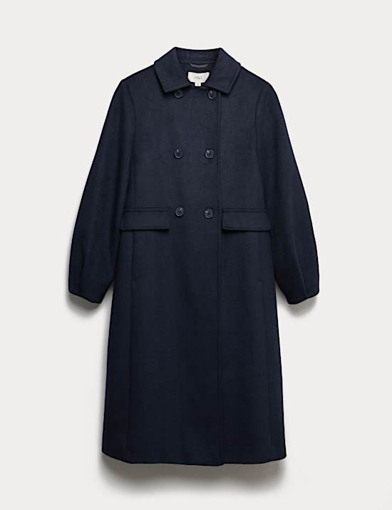 Wool Blend Volume Sleeve Double Breasted Midi Coat