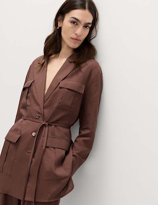 Blazer pratique coupe longue &agrave; ceinture avec lin