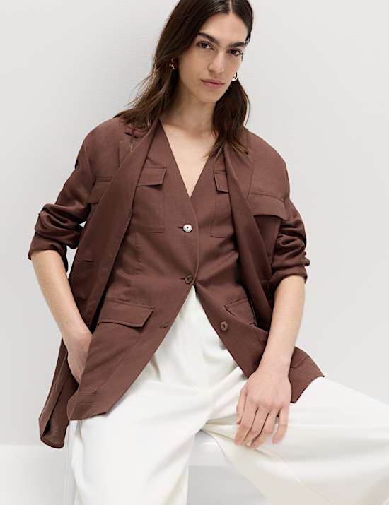 Blazer pratique coupe longue &agrave; ceinture avec lin