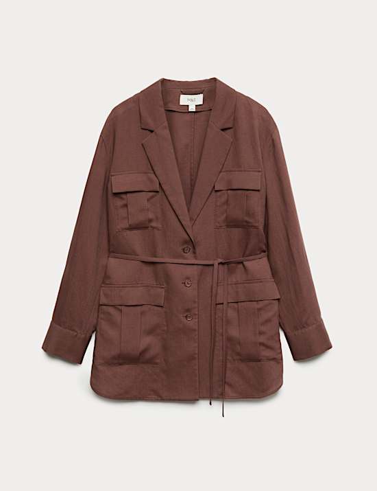 Blazer pratique coupe longue &agrave; ceinture avec lin