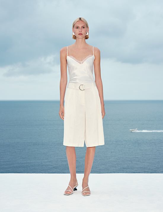 Linen Blend High Waisted Belted Bermuda Shorts