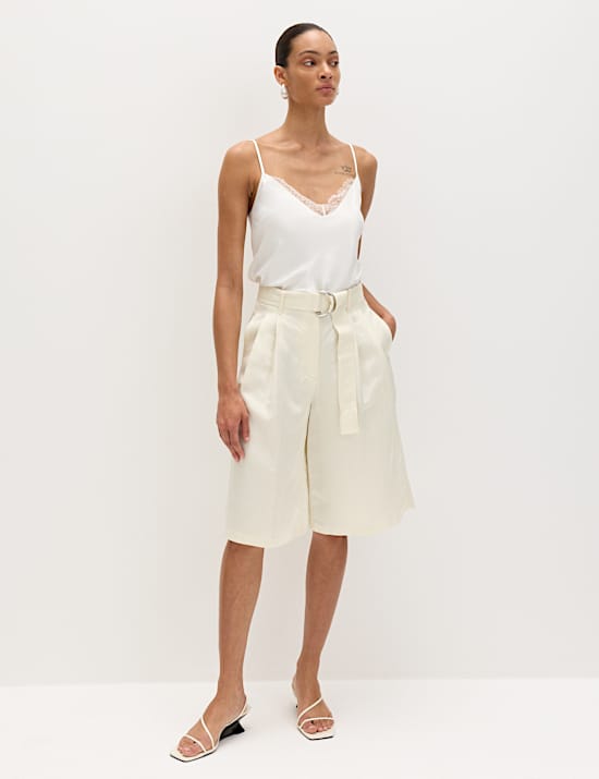 Linen Blend High Waisted Belted Bermuda Shorts
