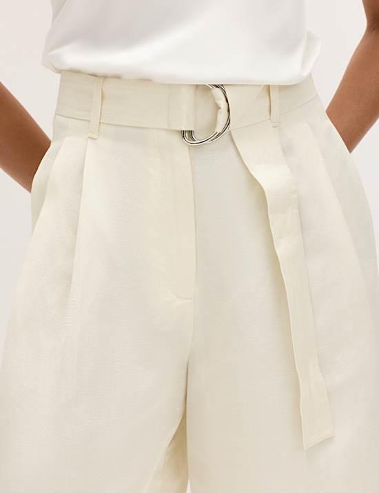Linen Blend High Waisted Belted Bermuda Shorts