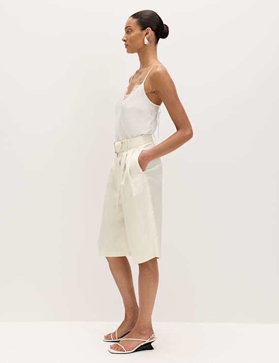 Linen Blend High Waisted Belted Bermuda Shorts