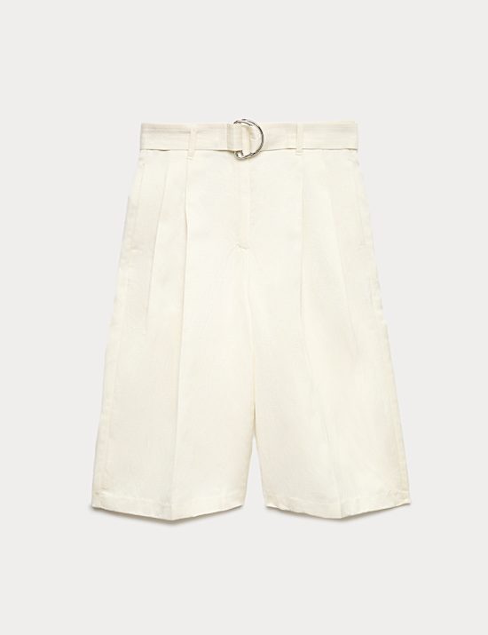 Linen Blend High Waisted Belted Bermuda Shorts