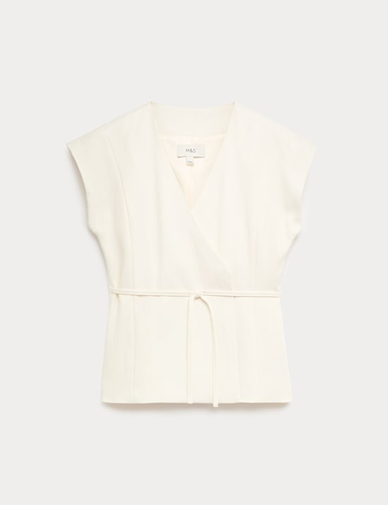 Gilet met linnen, wikkeldetail en striksluiting aan de voorkant