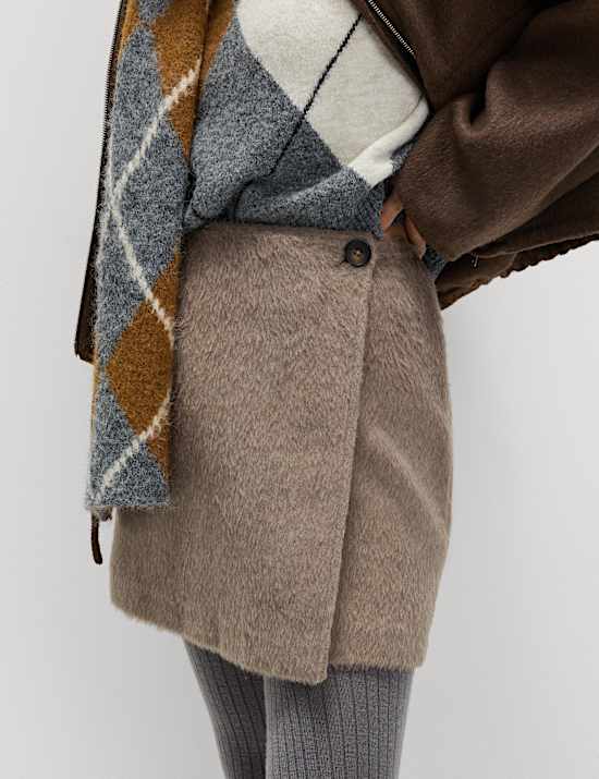 Brushed Mini Wrap Skirt with Wool