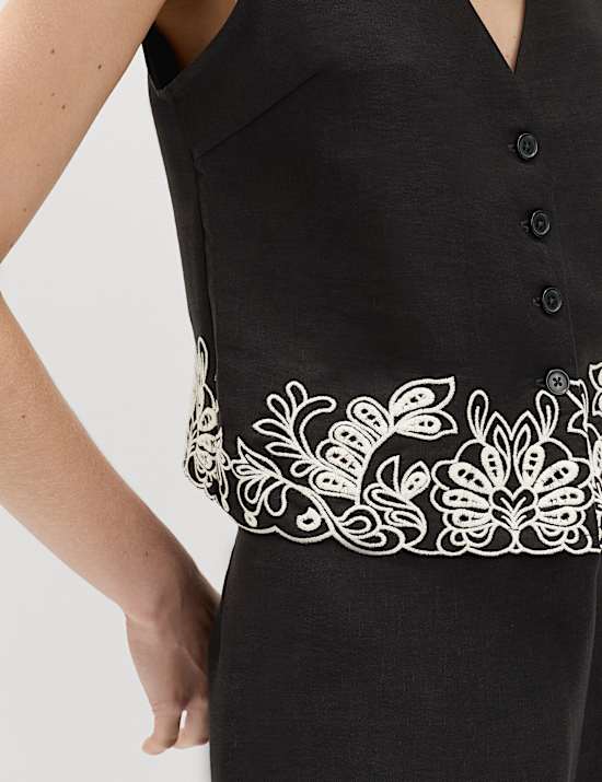 Modal Rich Cutwork Trim Waistcoat with Linen