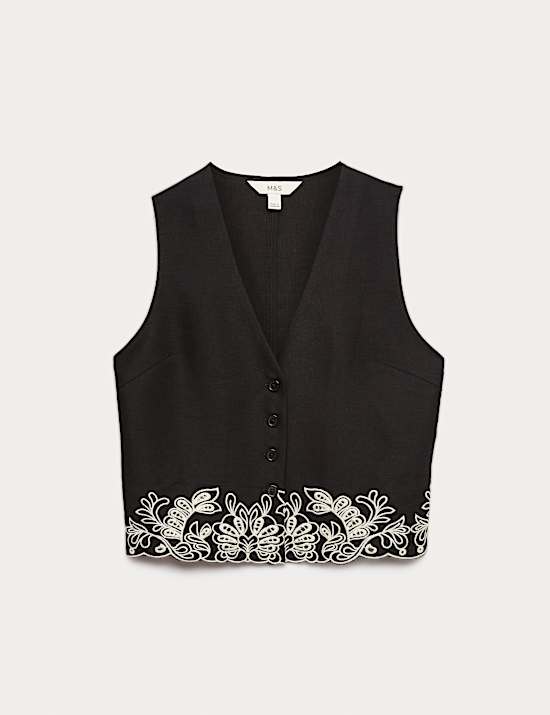 Modal Rich Cutwork Trim Waistcoat with Linen