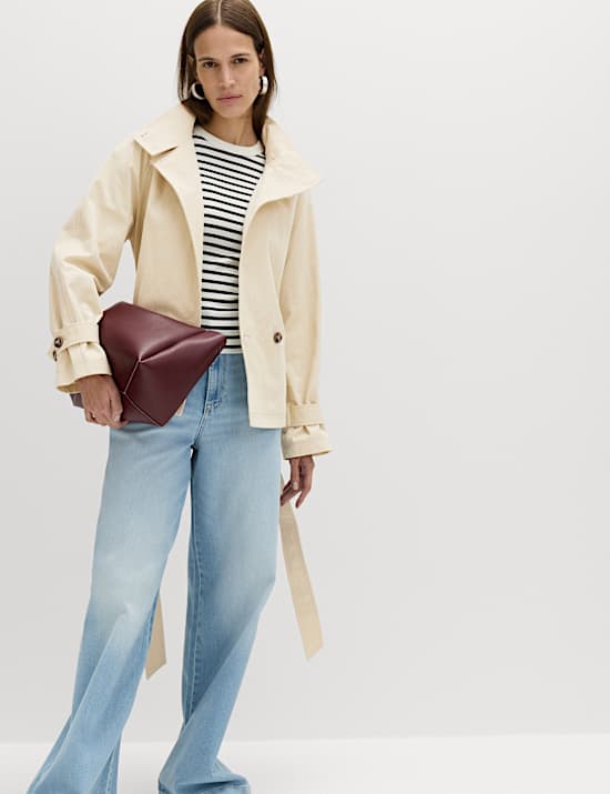 Funnel Neck Belted Short Trench Style Coat