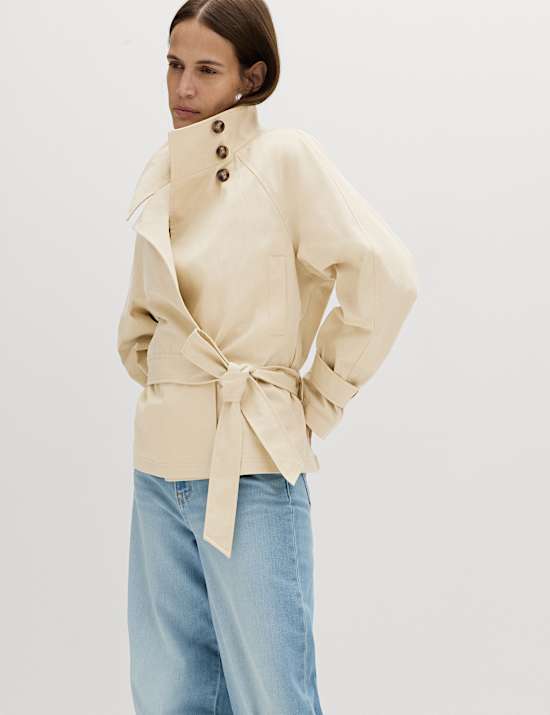 Funnel Neck Belted Short Trench Style Coat
