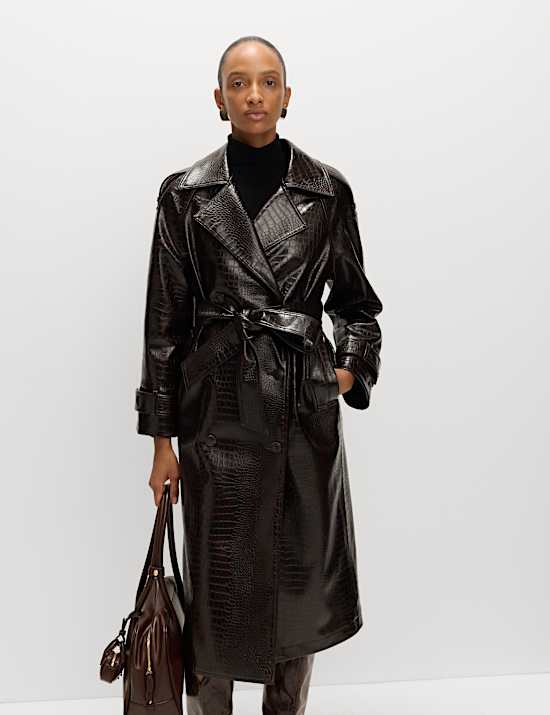 Croc Faux Leather Belted Longline Trench Coat
