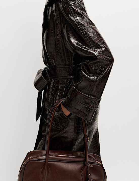 Croc Faux Leather Belted Longline Trench Coat